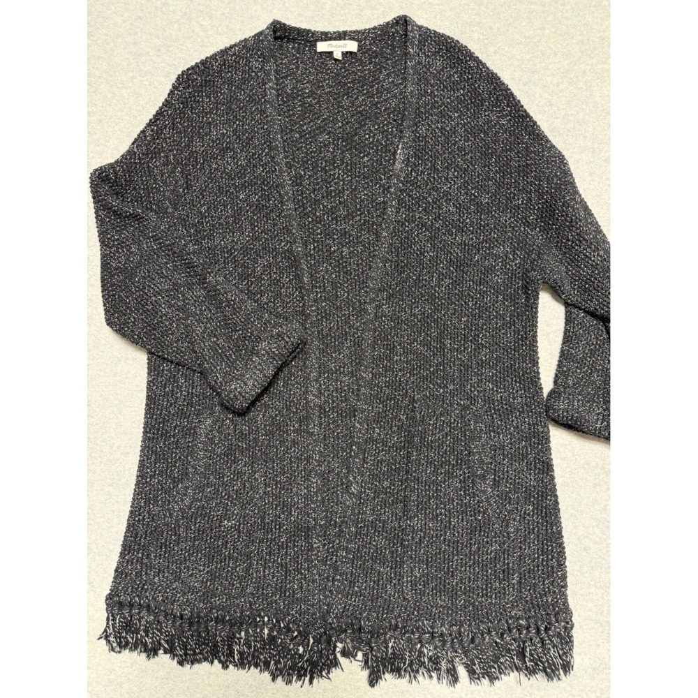 Madewell Marled Fringe Hem Open Front Cardigan Sweater Black White Cotton M